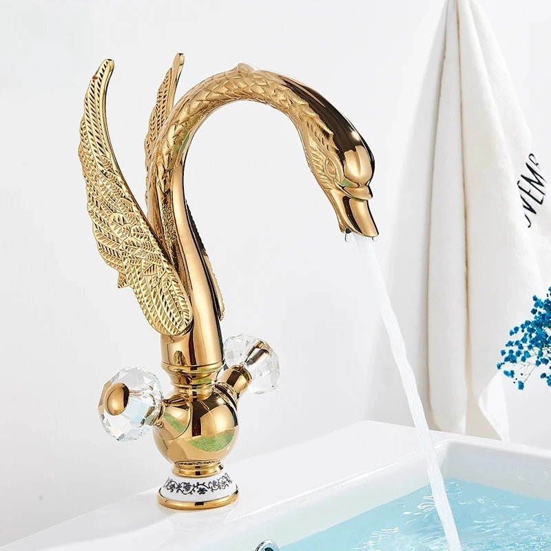 

Brass Gold Black Swan Deck Mounted Bathroom Hot And Cold Mixer Tap Bath Water Basin Faucet Taps