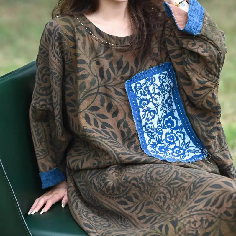 2026 New Spring Autumn Arts Style Women O-neck Batwing Sleeve Long Dresses Patch Designs Vintage Print Cotton Linen Loose Dress