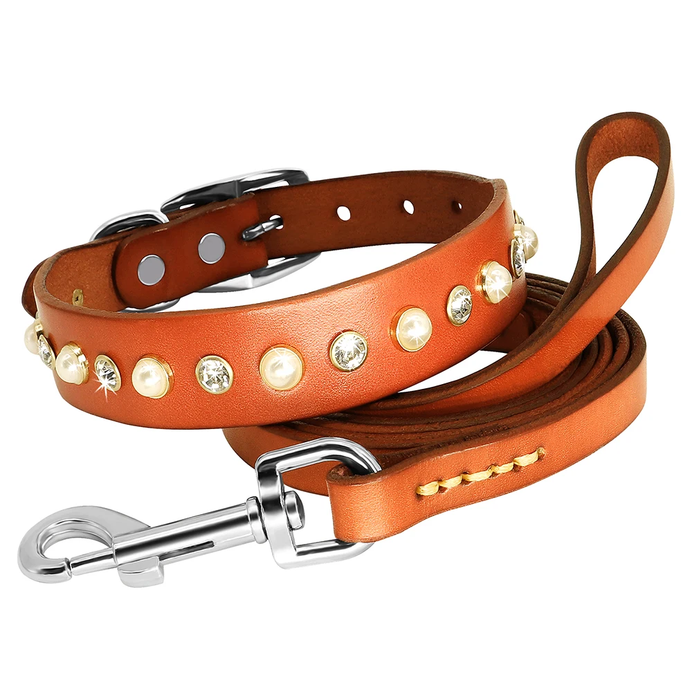 Genuine Leather Dog Collar Leash Set Bling Rhinestone Puppy Cat Collars Diamond Pearl Pet Necklace With Lead For Dogs Chihuahua