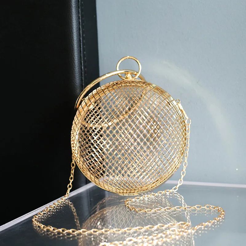 Gold Metal Clutch Bag 2024 Luxury Handbags Women Bags Designer Round Mini Hollow Purse Ladies Hand Bag Prom Chain Crossbody Bags