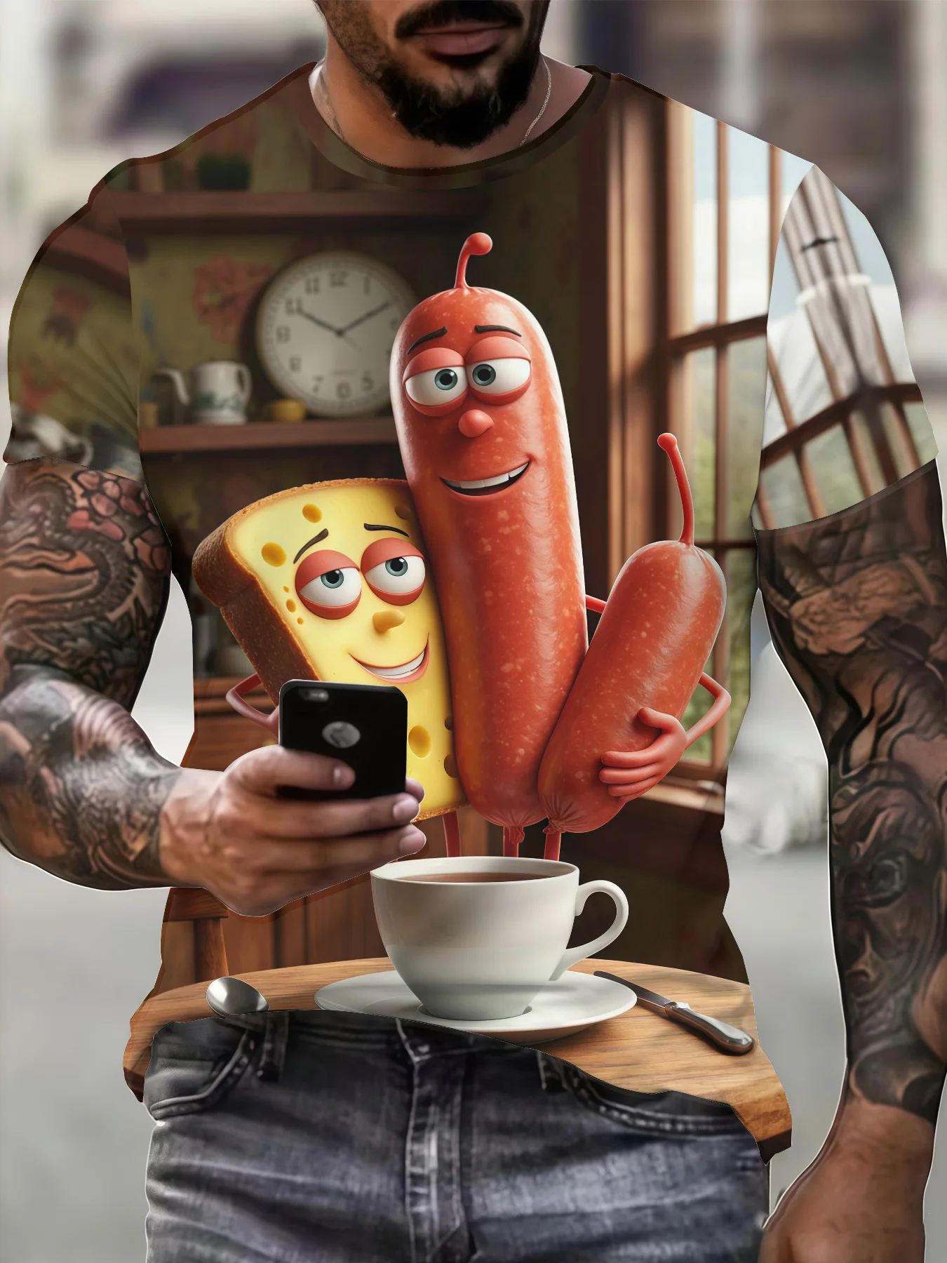 Men's Crew Neck Tee 3D Cartoon Sausage Cheese Slice Coffee Cup Kitchen Window Print Funny Casual Tops