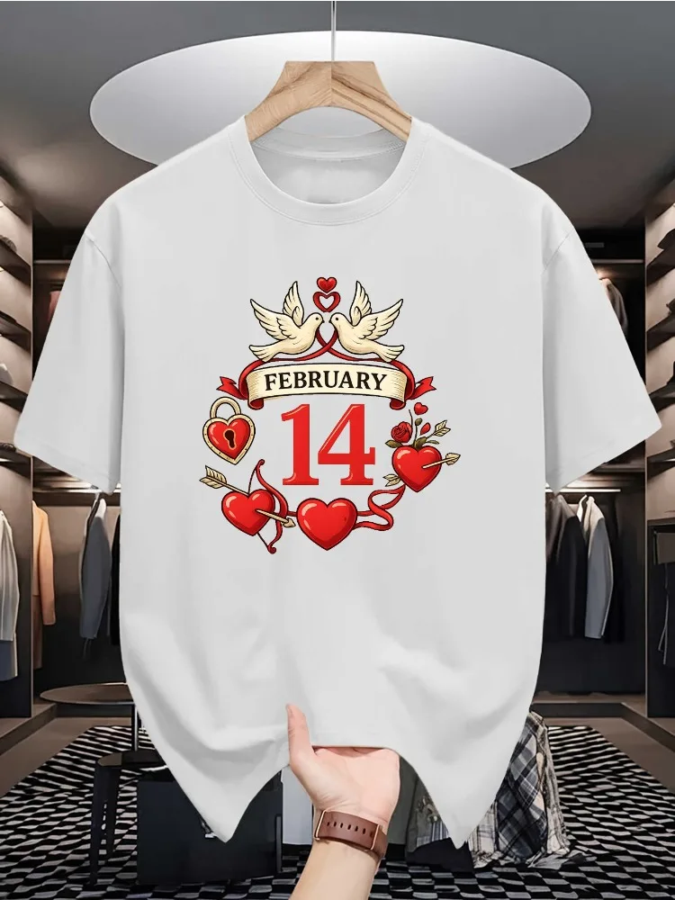 Valentine February 14 Heart Dove Rose Graphic Mens T Shirt Summer Crew Neck Short Sleeve Loose Casual Street Fashion Tops