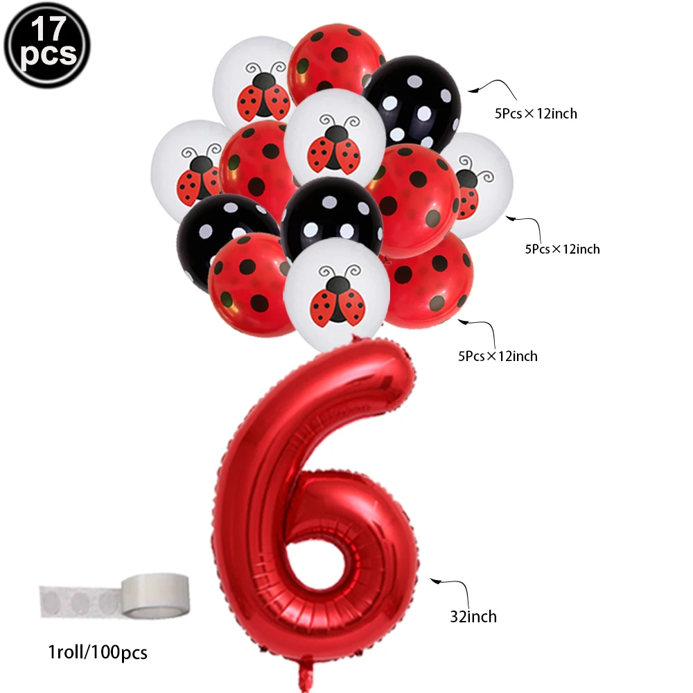 17Pcs Red Large 32inch Numbers Balloons Ladybug Pattern Red Black Polka Dots Latex Balloons for Ladybug Party Birthday Decortion