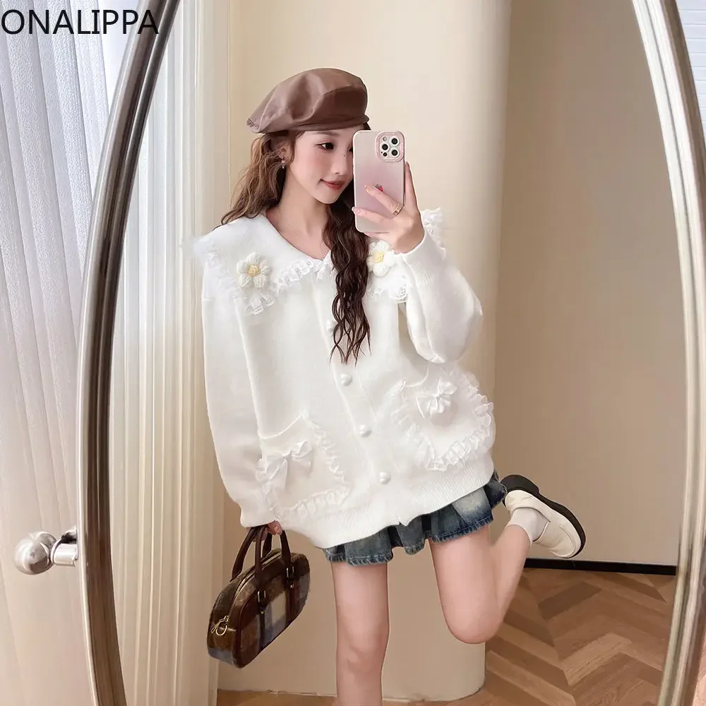 Onalippa Mesh Wood Ear Hem Pink Cardigan Women Peter Pan Collar Kawaii Knitted Cardigans Korean Embroidery Loose Sweaters