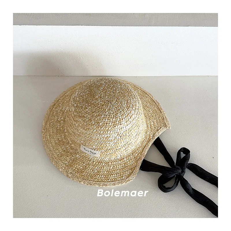 Sombrero de paja de ala grande para niños, gorra de pescador con lazo coreano, gorra de Banama para niñas, protección solar para la playa, 2024