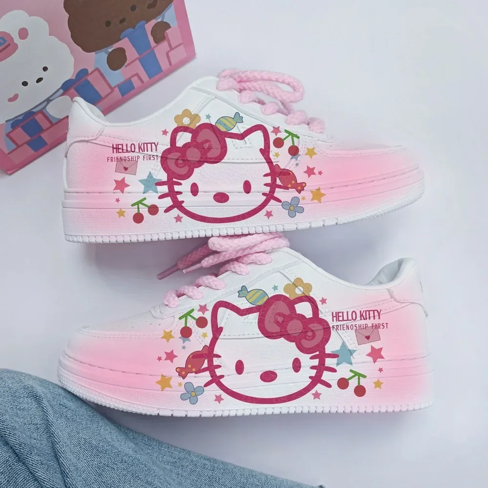 New Hello Kitty Sanrio Board Shoe Cute Originality Tie-dyed Low Help Casual Shoes Thickness Fashion Versatile Dopamine Flat Shoe