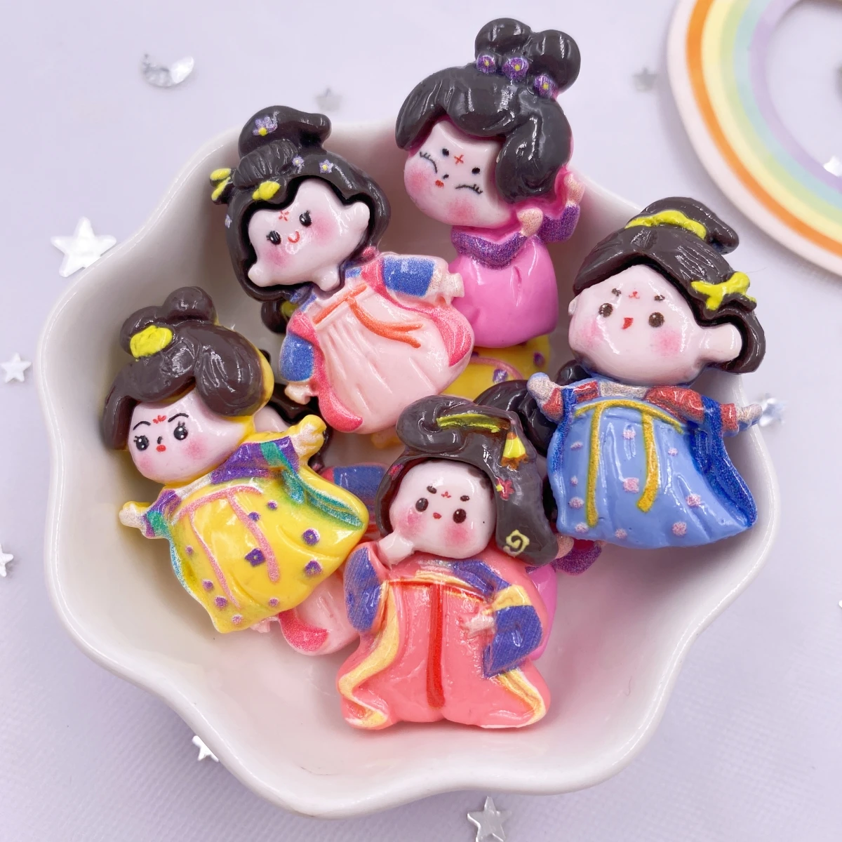 Resin Mix Colorful Cartoon Kawaii Cool Tang Dynasty Beauty Girl Flatback Figurine 10PCS Scrapbook DIY Bow Accessory Decor Crafts