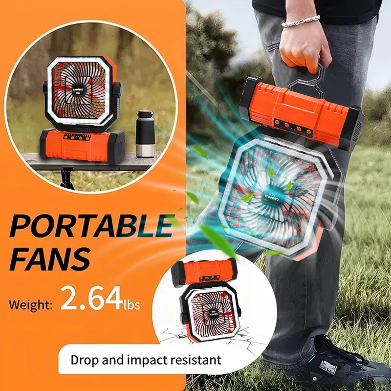 20000mAh Portable Rechargeable Battery Operated Desk/Camping Fan with LED Light And Hook for Outdoor Tent Car Trip
