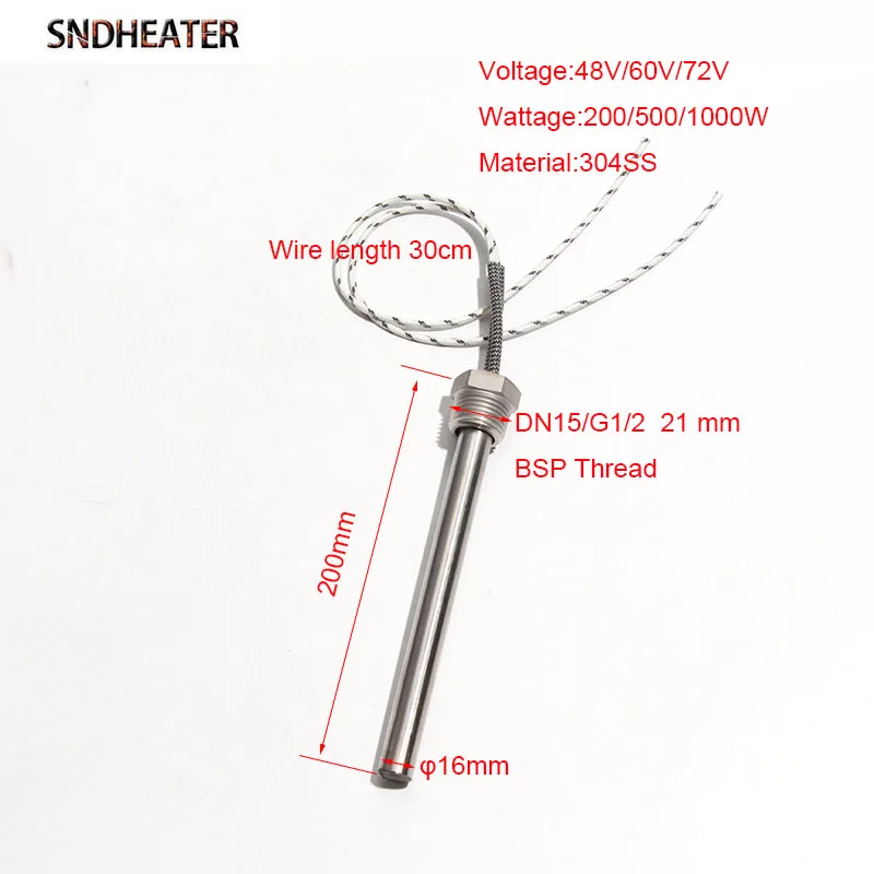 SNDHEATER Low Voltage 48V/60V/72V Electric Immersion Thread Catridge Heater DN15/21mm 16x200mm Wattage 200W/500W/1000W 1pc