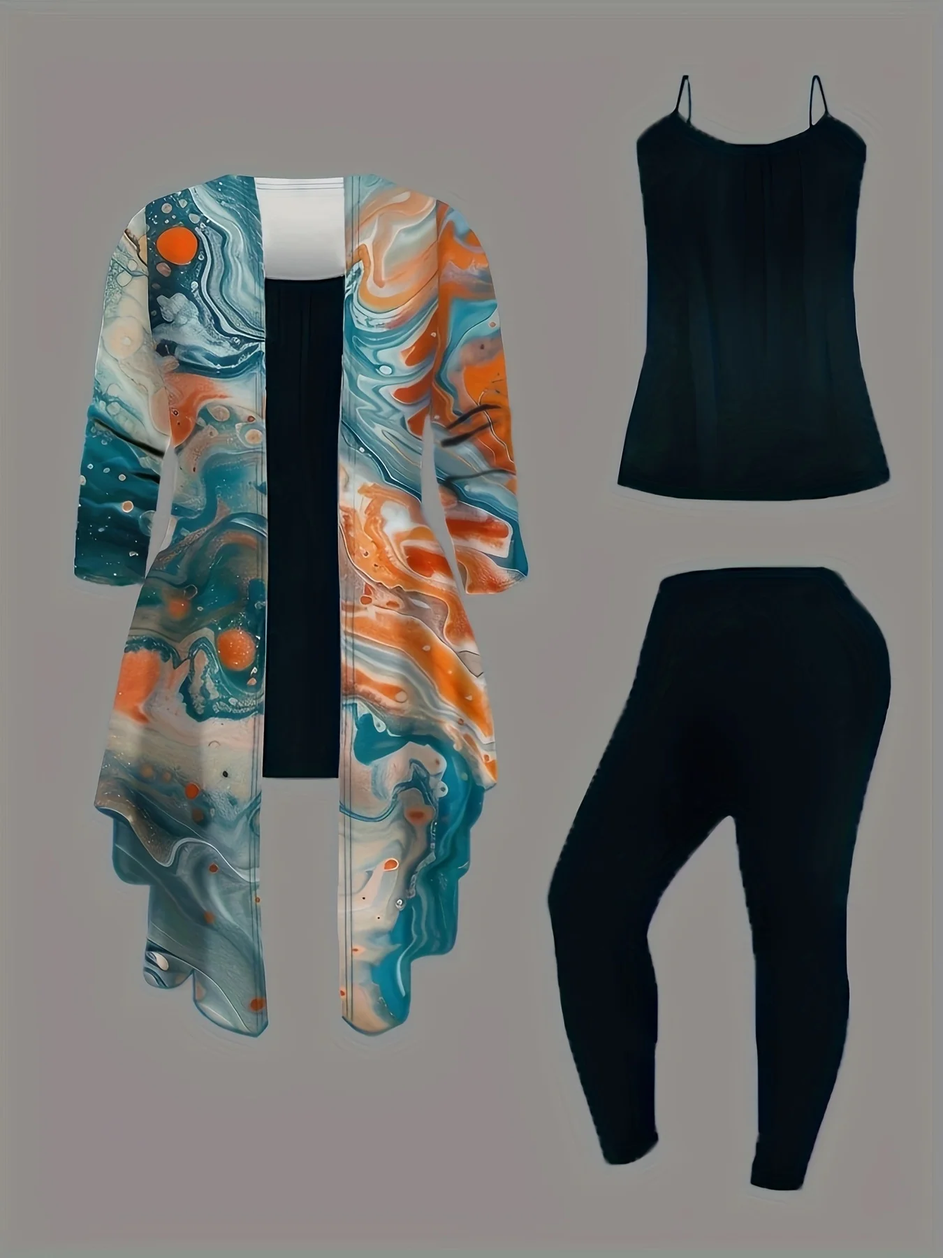 

Женский комплект из 3 предметов больших размеров: куртка-кардиган с принтом, брюки и жилет, повседневный повседневный наряд.