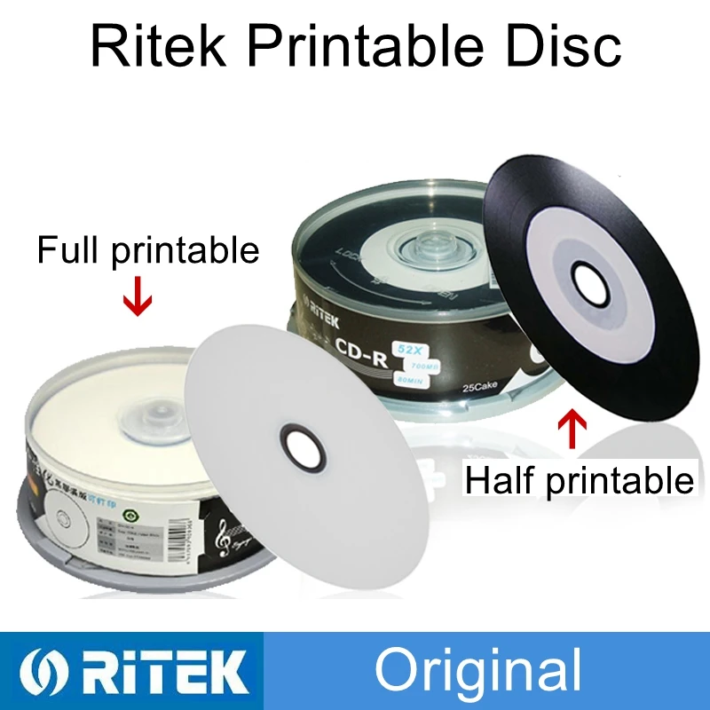 25 pièces/boîte Ritek imprimable CD-R disque vierge disque Compact enregistrable 700 mo/80min/52x CD-R disque vinyle disque multimédia noir