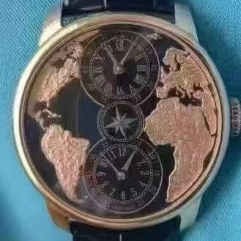 أحدث ساعة اليد الميكانيكية للرجال ذات المنطقة الزمنية المزدوجة، ساعة خريطة العالم، شحن مجاني مقاوم للماء