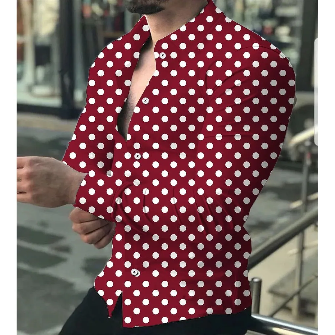 Men's Polka Dot Hawaiian Shirt Button up Long Sleeve Thickened Fleece Lapel  Neck Autumn Fashion Casual Shirt