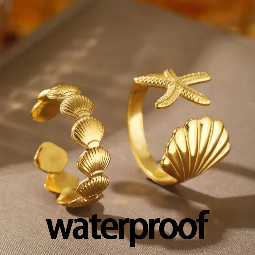 MHS.SUN Ocean Style Stainless Steel Starfish Shell Rings For Women Men Vintage Gold Plated Open Ring Summer Beach Jewelry