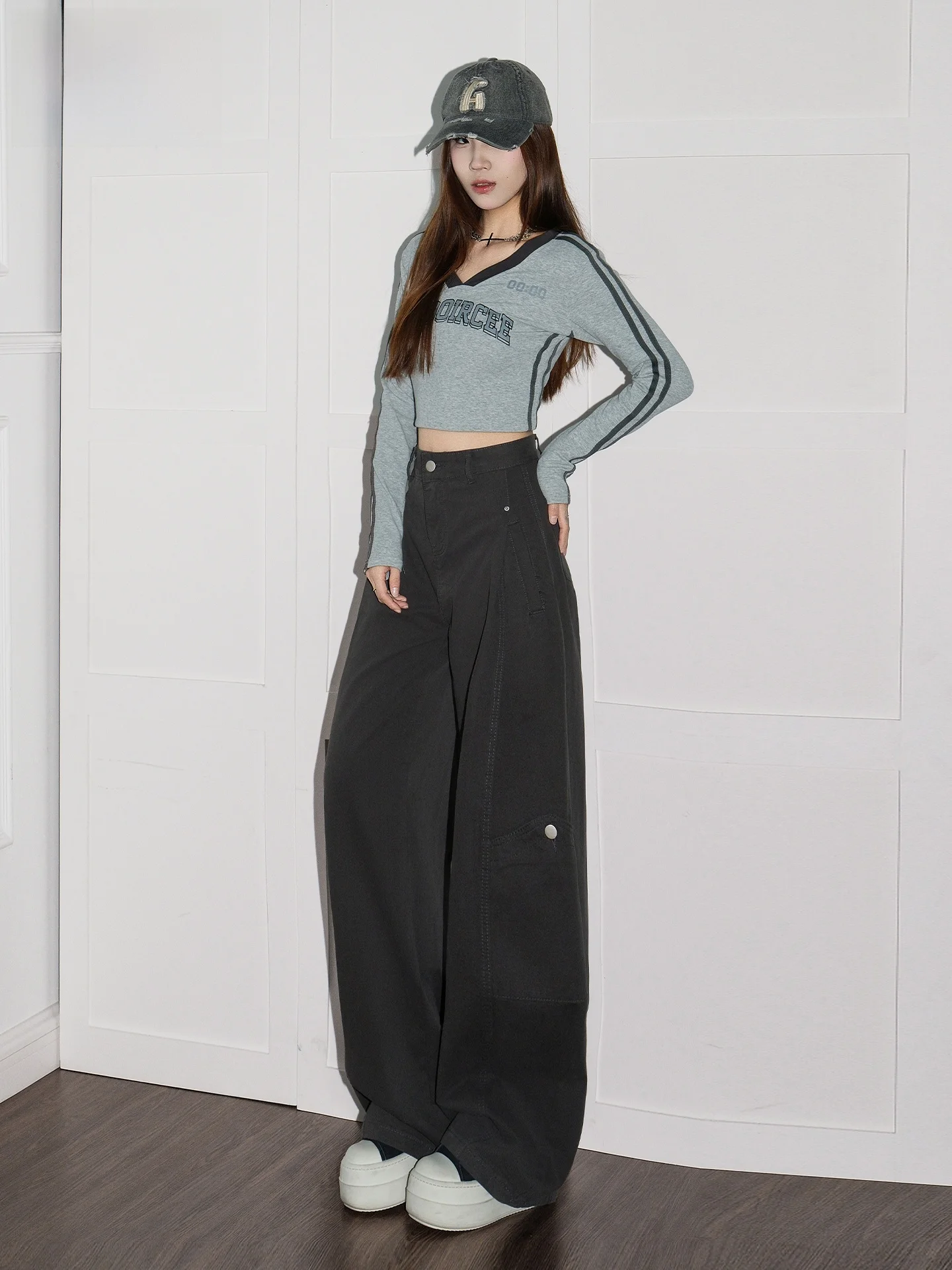 

Темно-серые женские повседневные брюки с высокой талией и широкими штанинами, свободные, стройнящие, летние, новая модель, удобные, прямого кроя