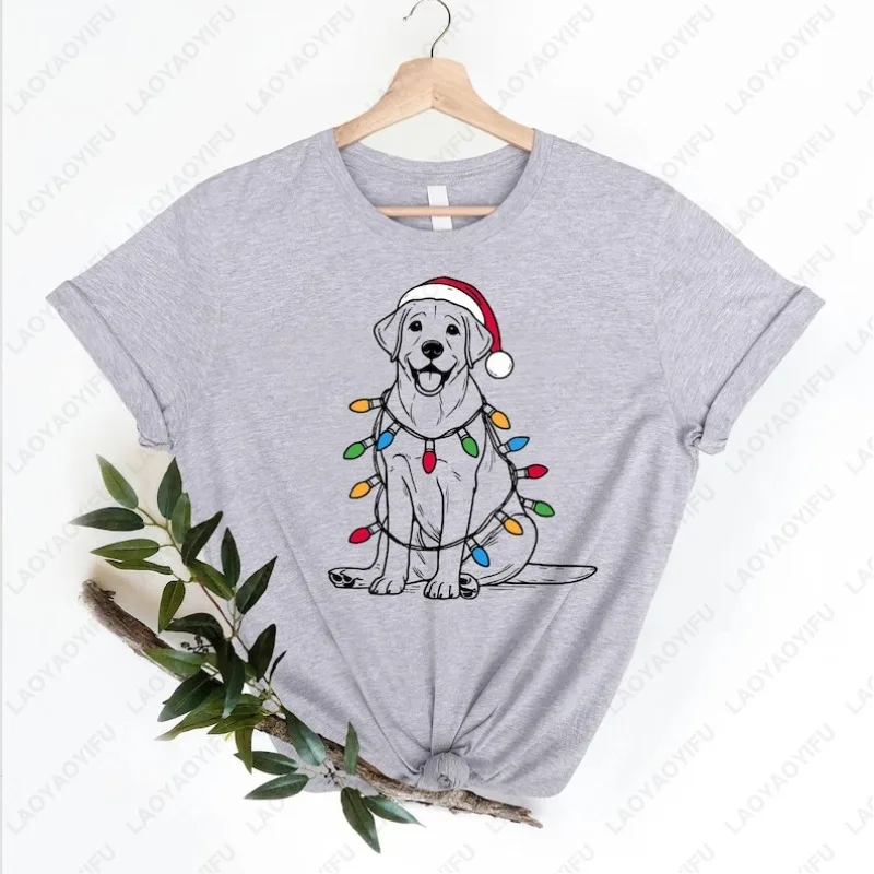 Festive Santa Labrador Cotton Shirt Christmas Dog Lover Retriever Gift Tops Holiday Xmas Hat Unisex Graphic O-neck Printed Tee