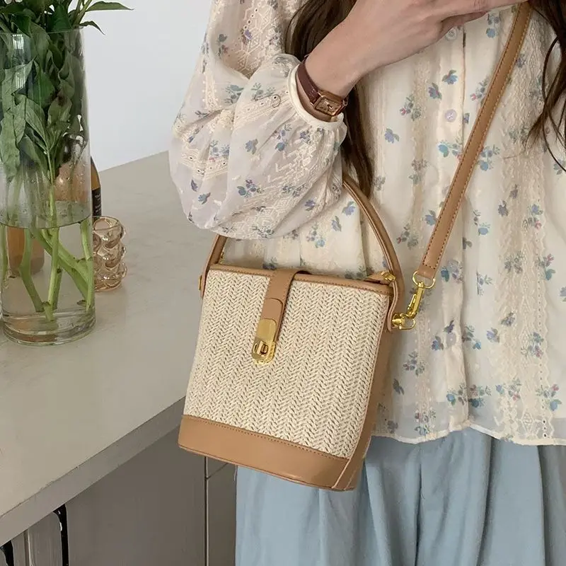 Trsyphxm 2024 novo coreano casual tecido grama saco para as mulheres 2024 novo estilo de férias moda bolsa crossbody saco balde