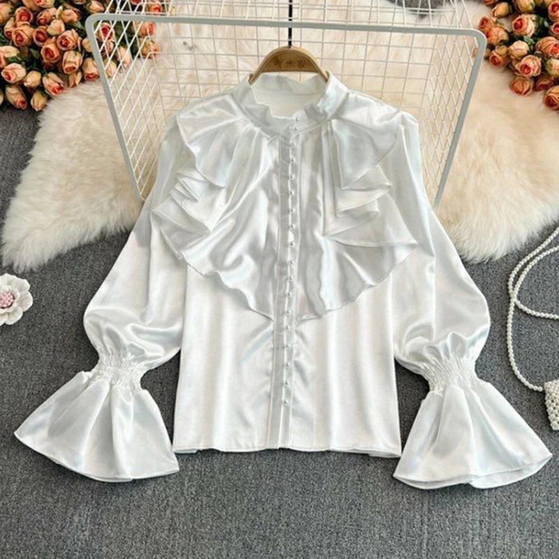 Vintage Satin White Shirts Women Elegant Ruffles Flare Long Sleeve Blouses Office Ladies Korean Black Casual All Match Tops New