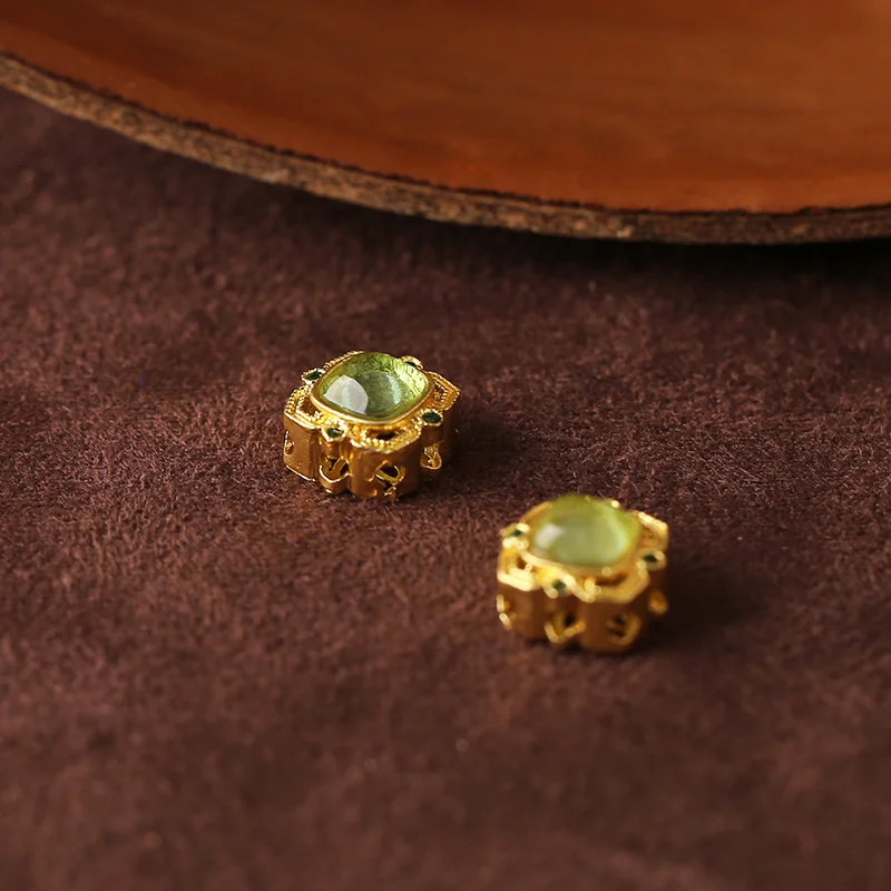 قطعتان من سحر خرز فاصل مجوف من العقيق الأخضر على شكل ألماس - إكسسوارات مجوهرات مطلية بالذهب