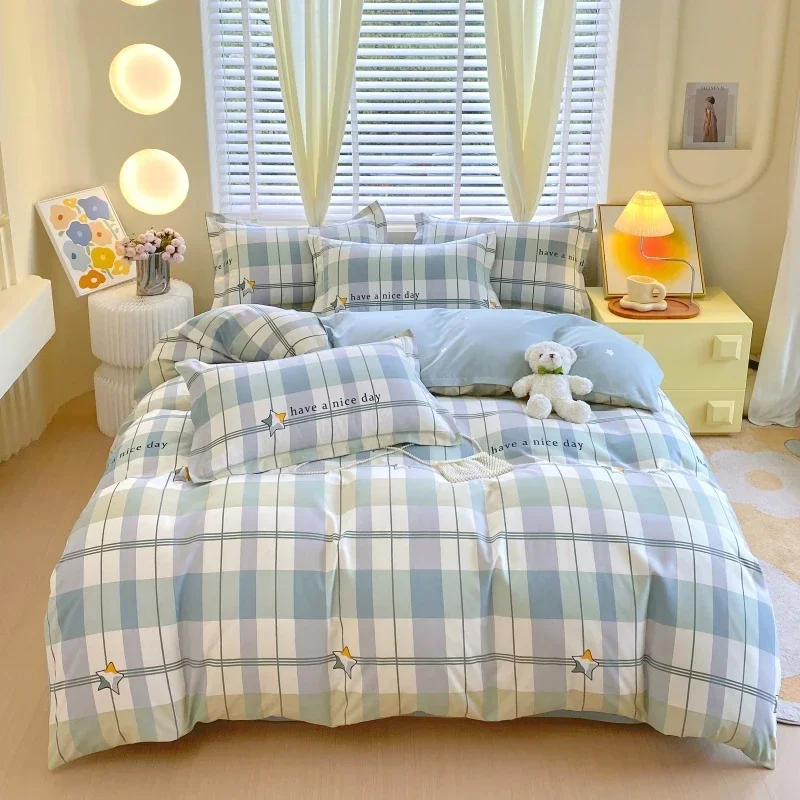 3Pcs Simple Plaid Duvet Cover Set Checkered Quilt Cover with 2 Pillowcases Soft Comfortable Bedding Set for Teen Boys Girls