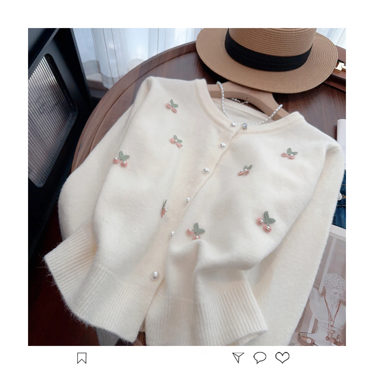 2024 Autumn Beaded Flowers Stitch Short Sweater Cardigan For Women Long Sleeve Japanese Single Breasted Sweet Knitted Sweater