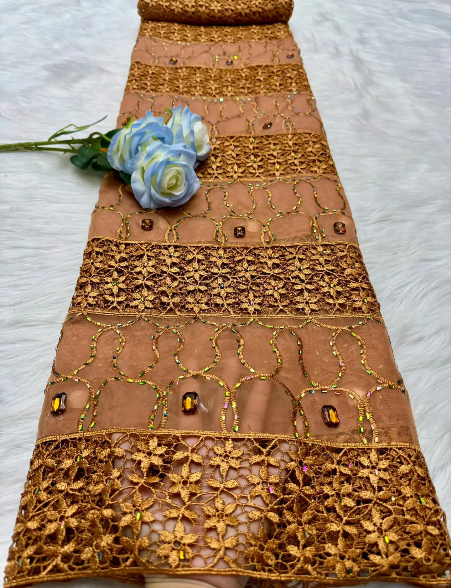 Luxury Stones African Lace Fabric 2026 High Quality Cotton Embroidery Rhinestone Linen Prom Dresses Tulle Design 5 Yards H197-1