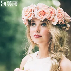 Haimeikang New Rose Diadem Flower Tiara Headband for Women Big Pink Floral Crown Wedding Garland Hair Flowers Bride Headwear