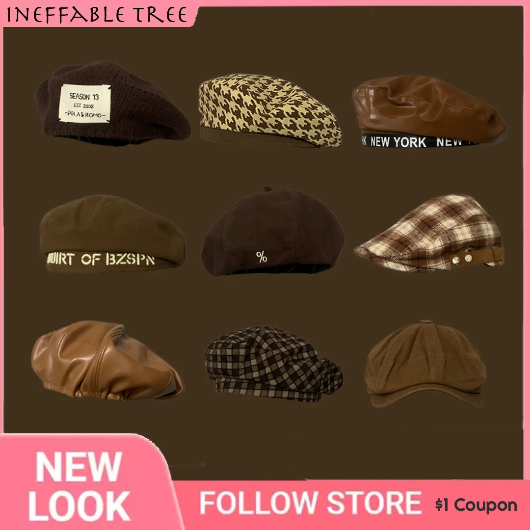 Caffè marrone estate inverno cappello lettera PU Fuzzy berretti francesi berretti per le donne Solid Retro Ladies Artist JK Beret berretti Gorras