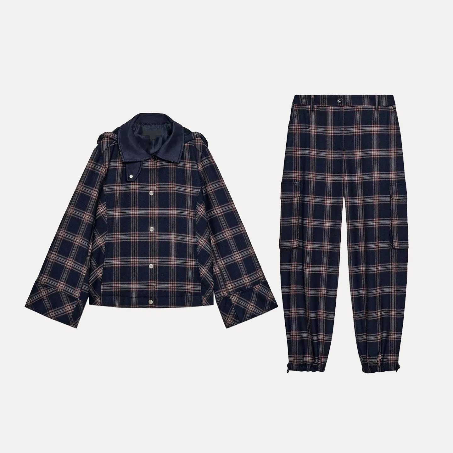 2025 Autumn New Women's Plaid Jaet And Work Pants Set ort Length Long Sve Flip Collar Two-Piece Set Winter Adult Ladies