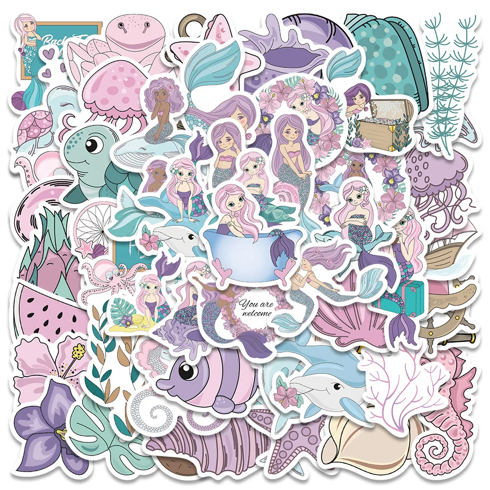 56PCS Pink Kawaii Mermaid Girl Cute Stickers Skateboard Notebook Fridge Phone Guitar Luggage Decal Sticker Kids Toy