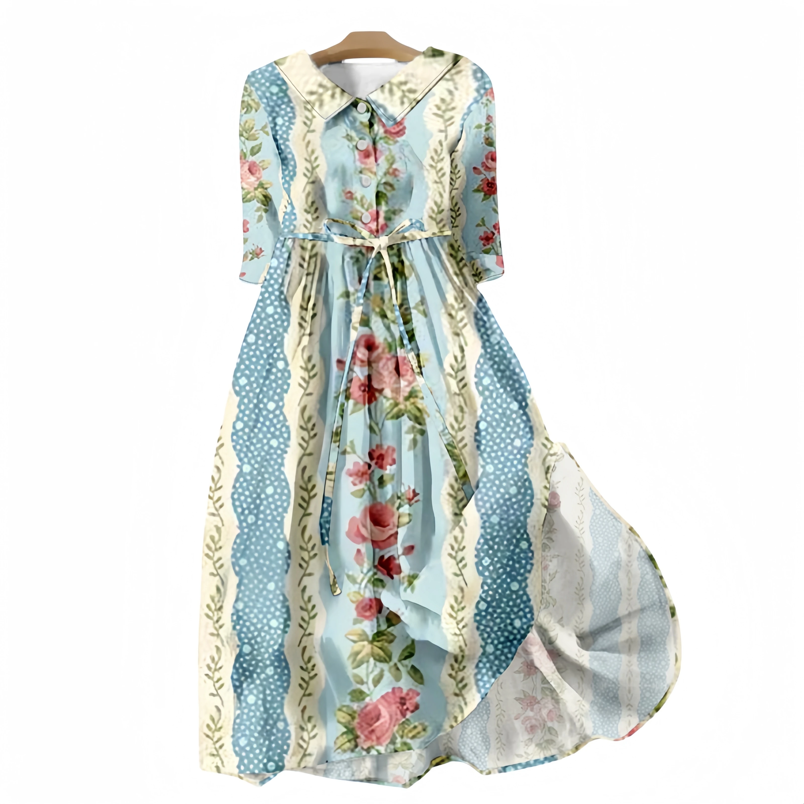 Spring Field Fresh Floral Women's Blue Pink Rose  Full Print V Neck Short Sleeve Skirt Big Swing Dress