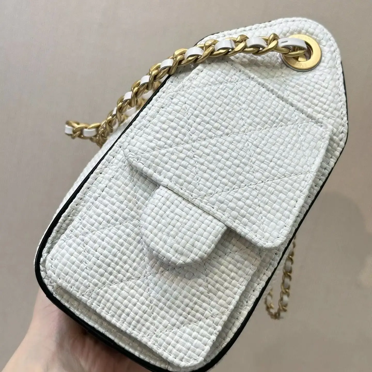 White Woven Straw Flap Bag, Luxury Chain Multi-Way Mini Shoulder Handbag