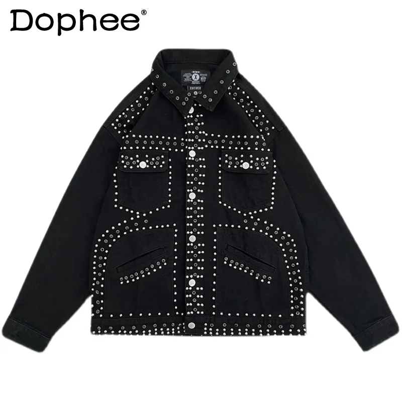 Fashion New Rivet Rhinestone Denim Coats Beaded Rhinestone 2024 Spring Autumn Black Fashion Long Sleeve Retro Denim Jackets