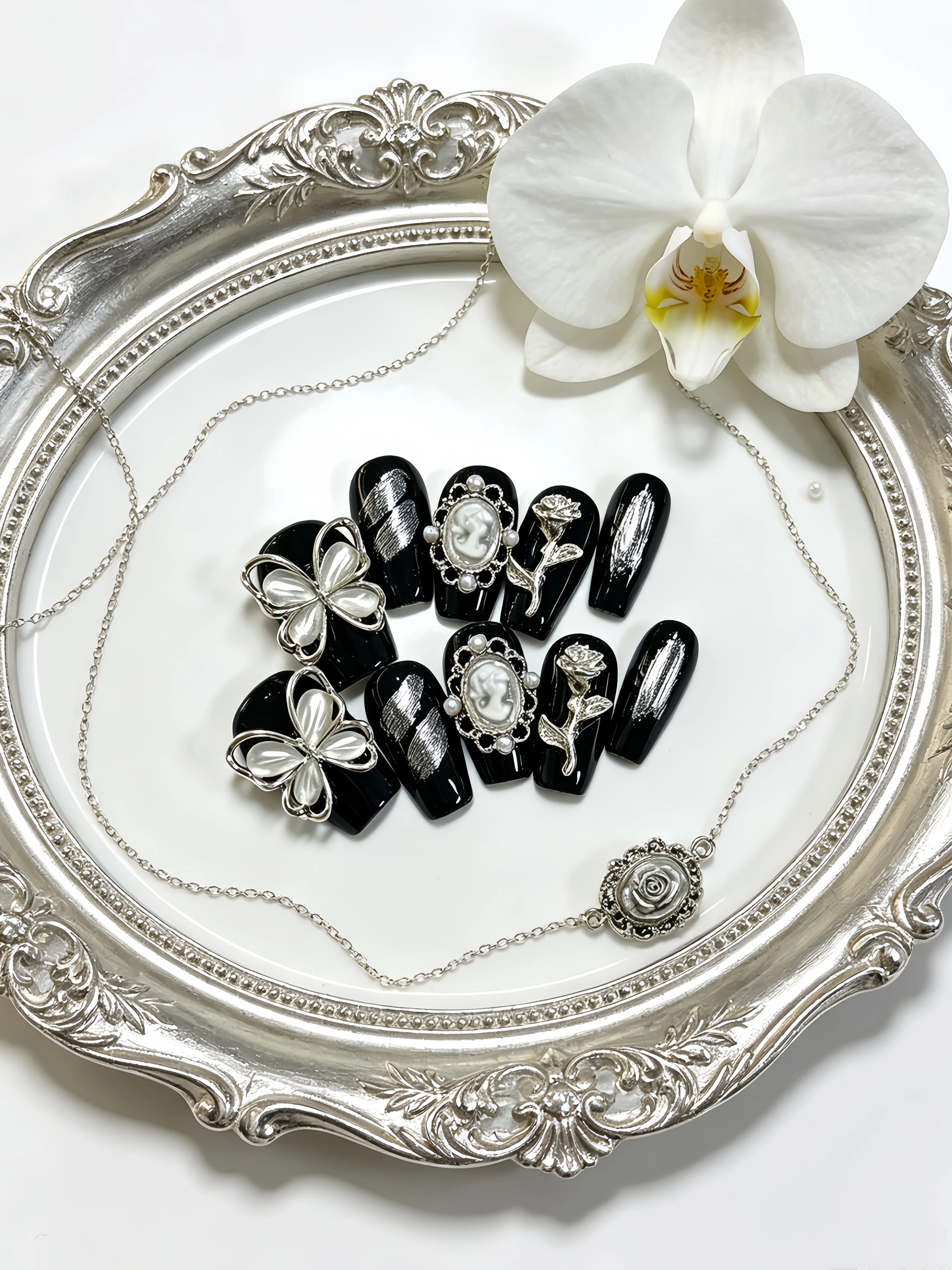 10 Short Trapezoidal Press-On Nails, Black Base Color with Milky White Embellishments, Butterfly Stripes, Vintage Girl Portrait, Rose Flower Accents, Light French Style, Instagram-Style Nail Art, Light Luxury Style, Cool and Unique Style for Office Ladies, Dark Minimalist Elegant Style for Cool Girls, Fake Nails for Daily Outings, Travel, Photoshoots, Dates, Light Social Gatherings, Parties, and Afternoon Tea with Friends, Includes One Jelly Glue and One Nail File