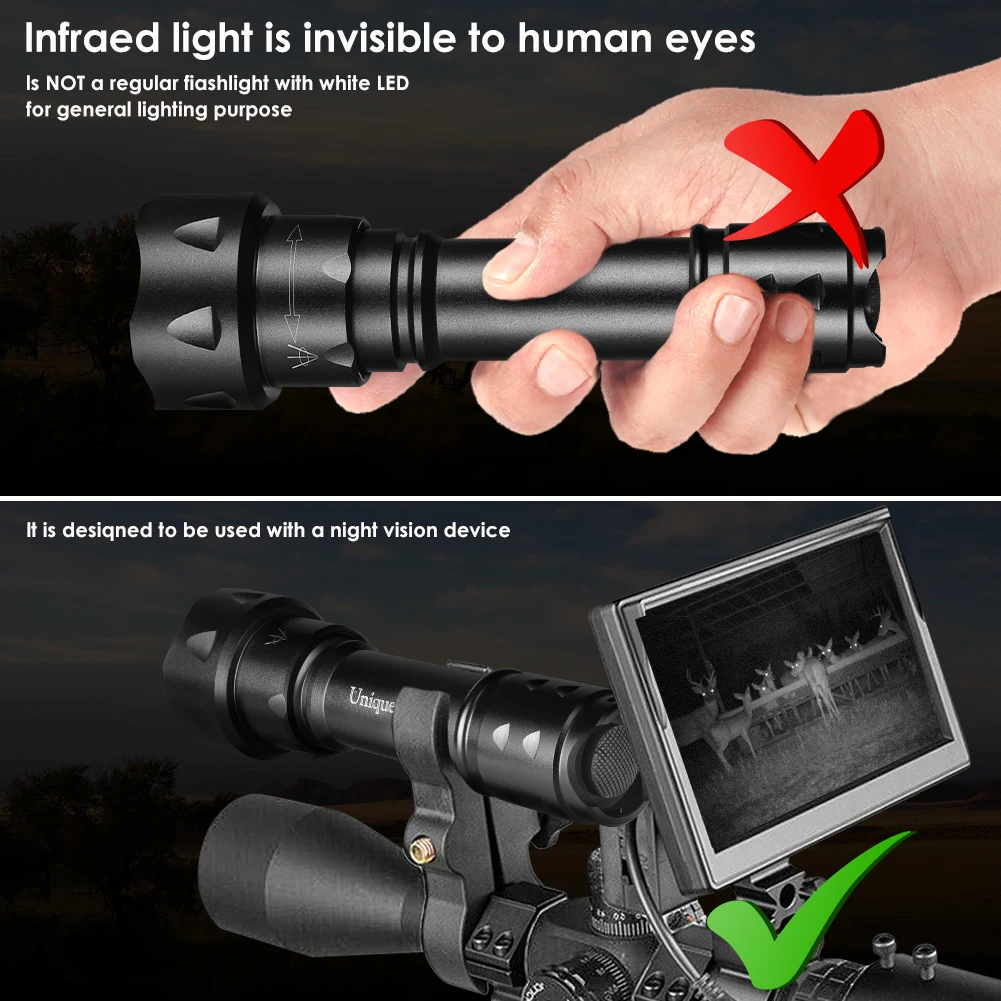 UniqueFire T20 IR 850nm 3 Modes LED Flashlight Night Vision Zoom Focus Infrared Light illuminator Adjustable Hunting Torch