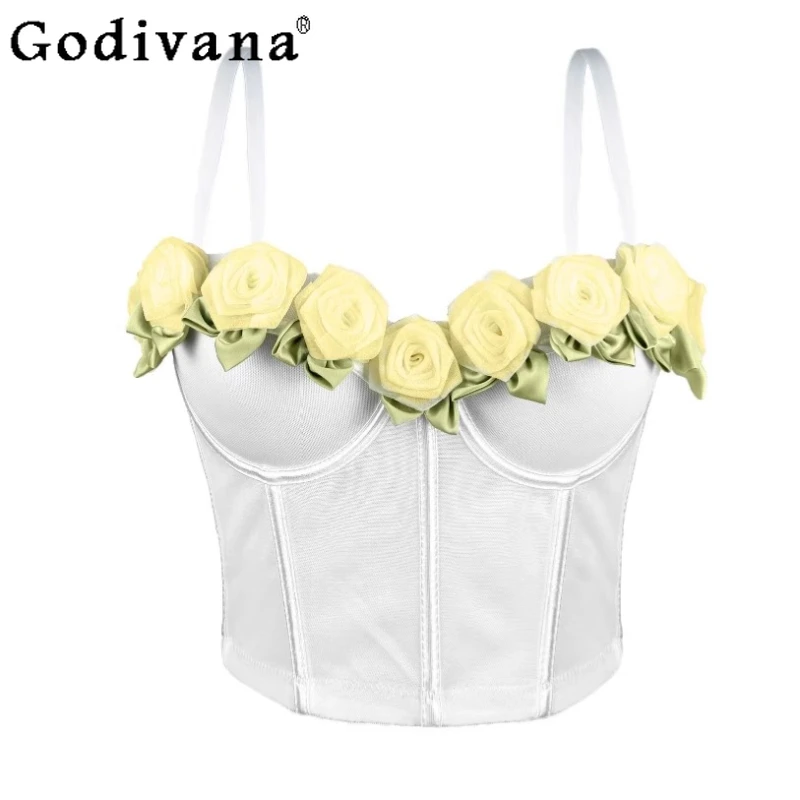 

Лолита трехмерная роза ретро рыбья кость стальное кольцо жилет на подтяжках летний французский милый модный универсальный короткий топ принцессы