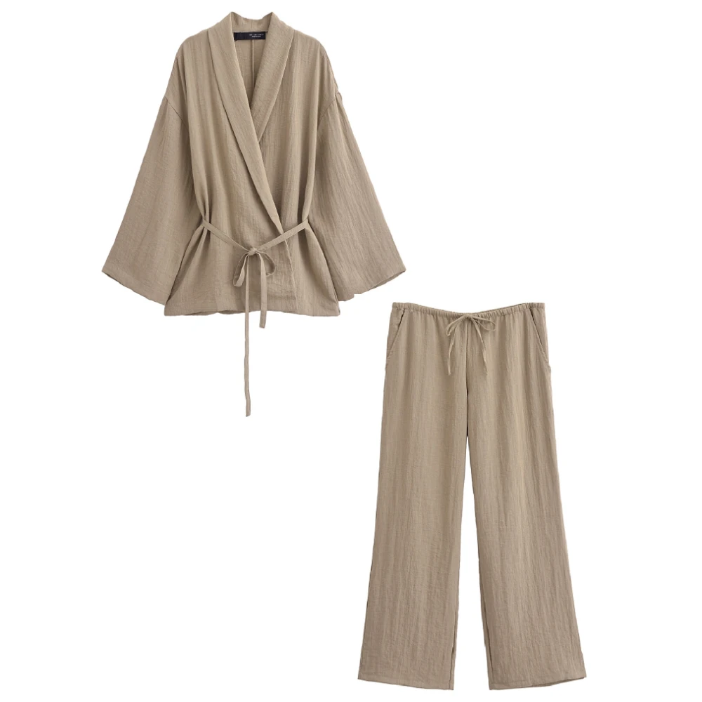 Tangada Women Khaki Oversized Cotton Linen Kimono Blouse With Slash 2024 Ladies Tops 6P077