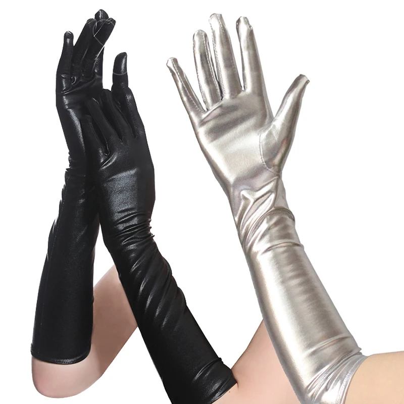 Patent Leather Sexy Black Long Gloves Women Full Fingers Gloves Evening Party Performance Mittens Elbow Length Long coated Glove