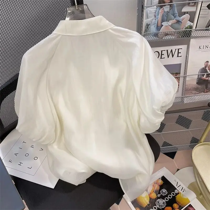 French Retro Puff Sleeve Chiffon Shirt for Women in Summer New Loose Short-sleeved Top