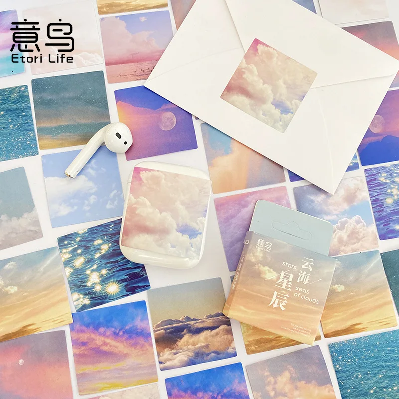Juego de 45 pegatinas de paisajes hermosos y nubes coloridas para diario, álbum de recortes, decoración de papelería bonita