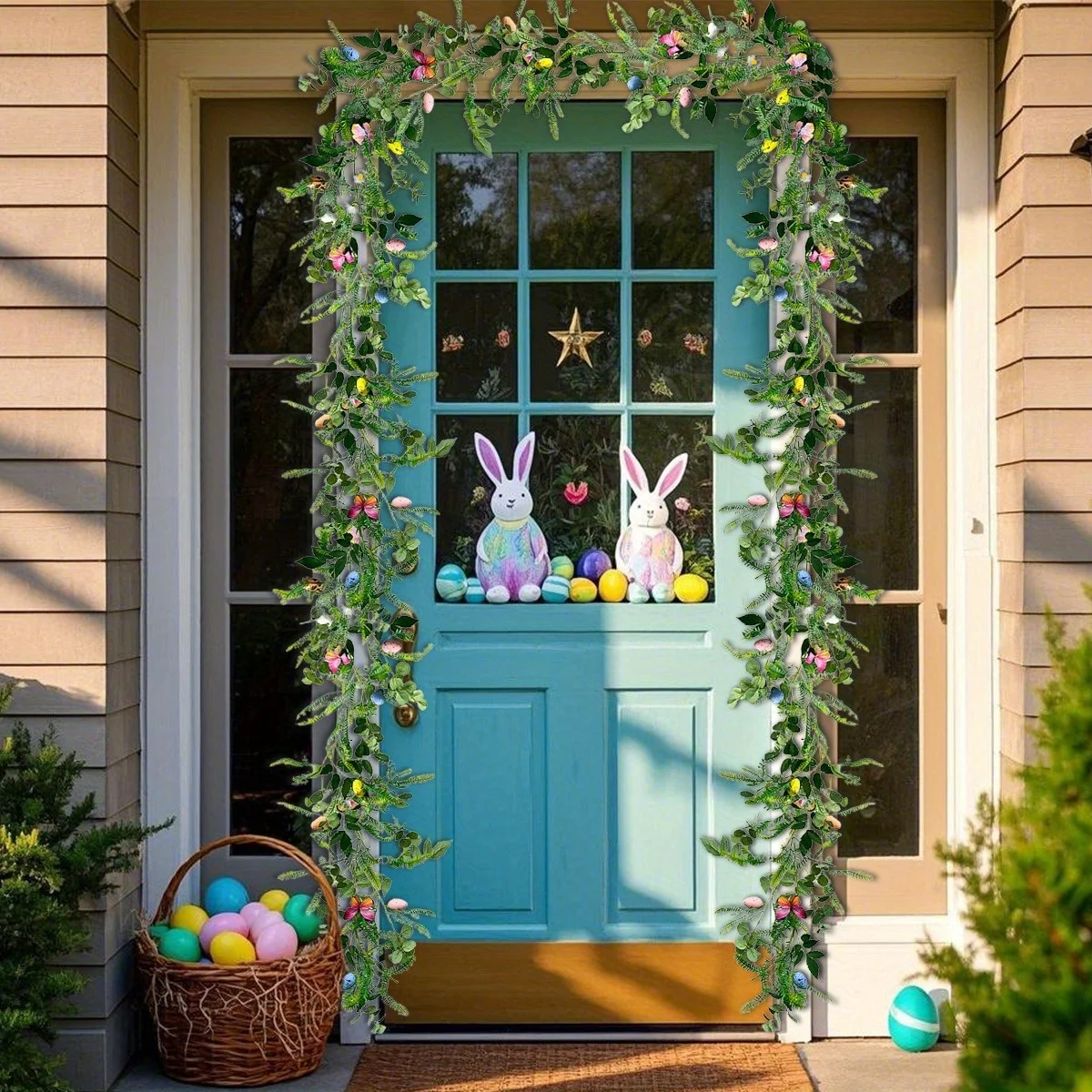 

6ft Easter Egg Garland 1Pc Spring Artificial Easter Garland Colored Egg with Flowers Leaves Garland for Mantle