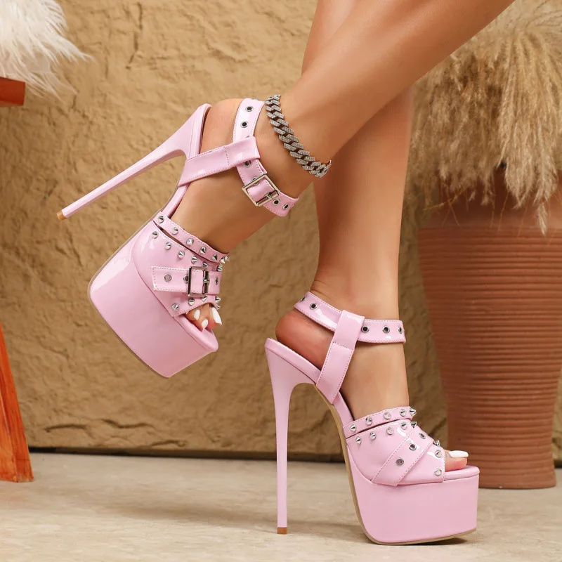 

16cm Pink Rivet Belt Buckle Patent Leather Platform Pumps Women Summer Party Wedding Thin High Heels Sandals Woman Dress Shoes
