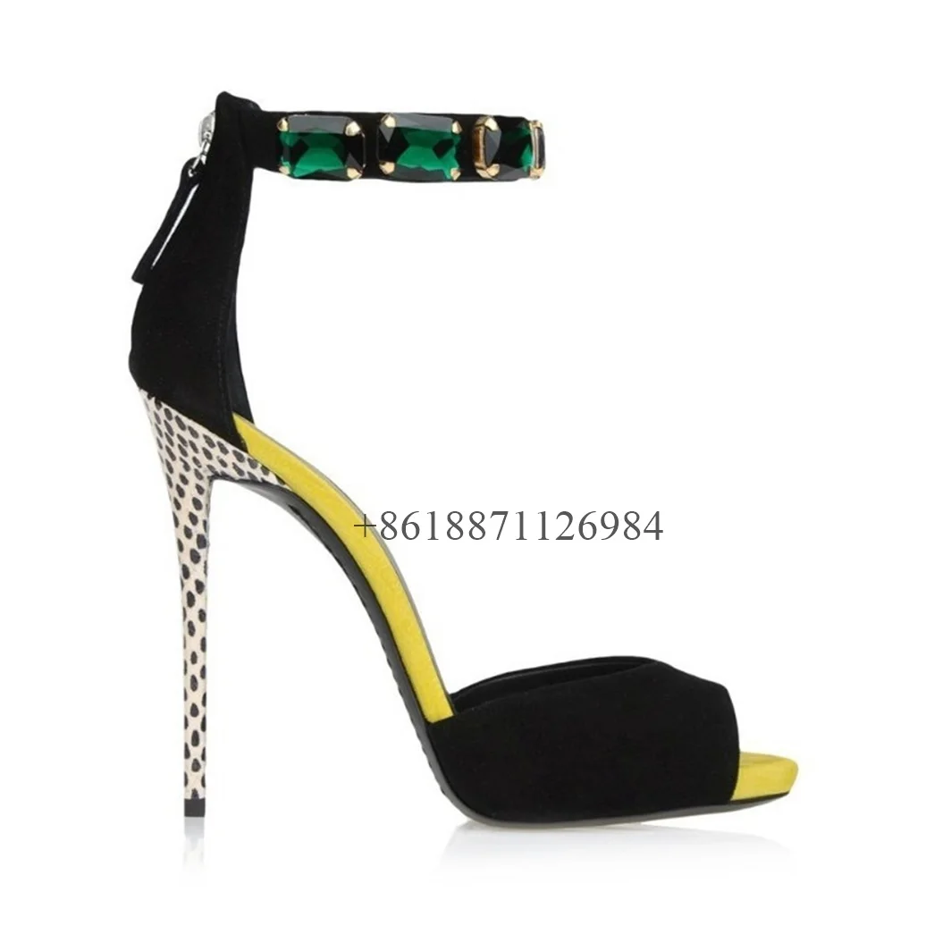 Mixed Color Ankle-Wrap Peep Toe Summer Women Sandals With Rhinestone Stiletto High Heels Back Zipper Design Large Size Shoes