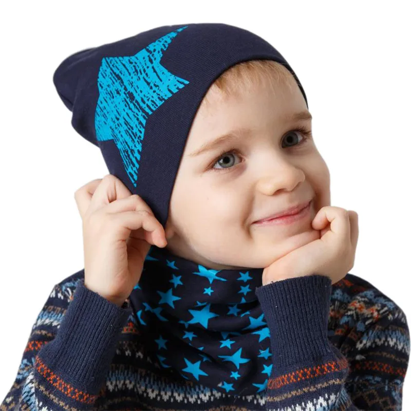 Spring Autumn 2PCS Baby Beanie Hat Scarf Stars Print Warm Toddler Hat Scarf for Girls and Boys Infant Hats Set Kids Skull Caps