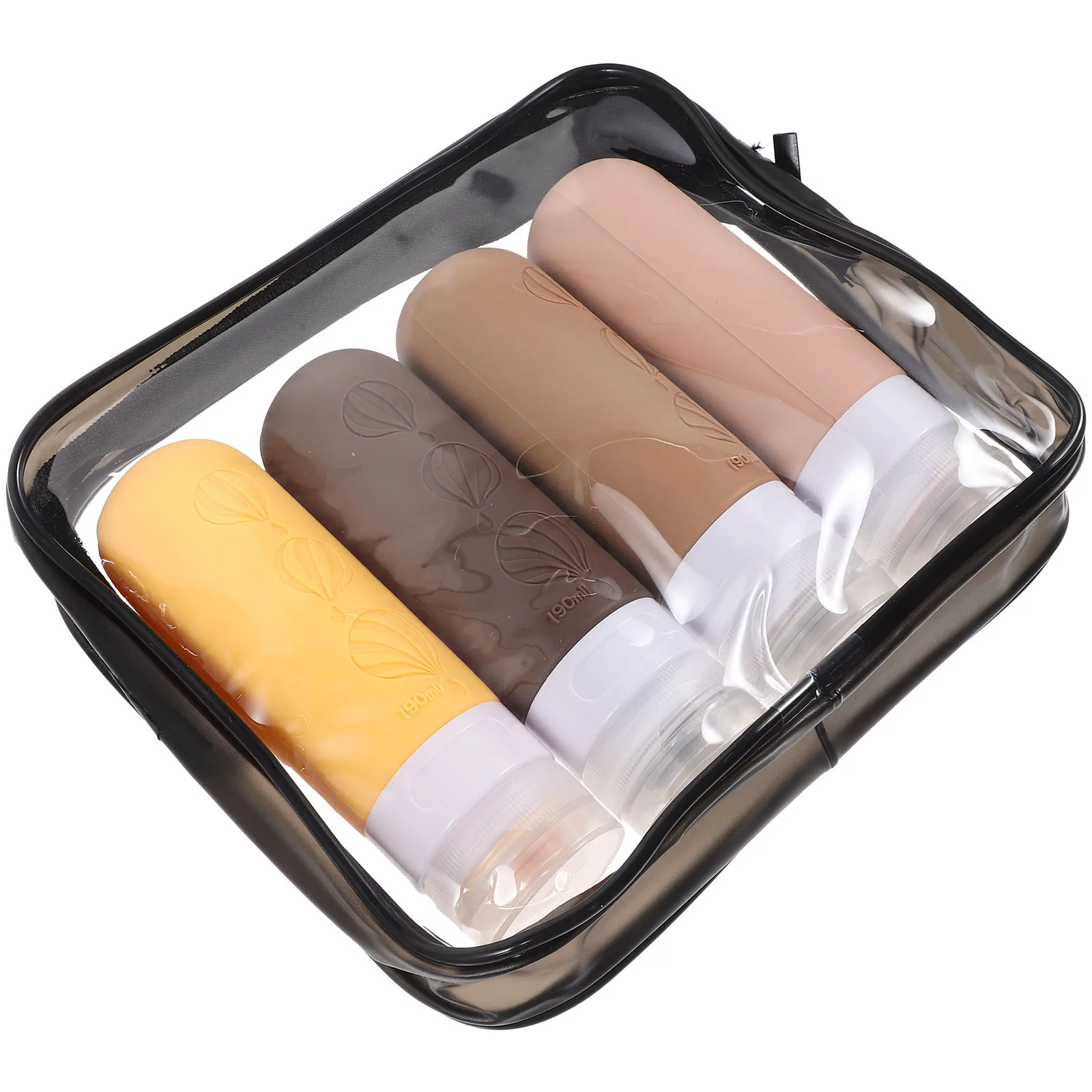 

4pcs Silicone Travel Bottles Set Black Zipper Bag Toiletries Containers for Shampoo Lotion Perfume Toner Reusable Storage