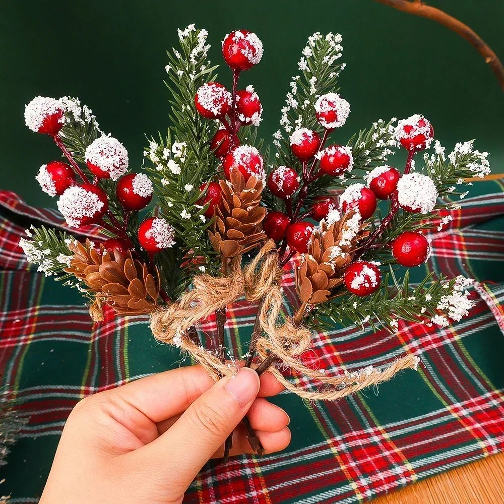 12-2PCS Artificial Red Berry Branches Christmas Picks Spray Simulation Pine Cones Holly Stem Craft Christmas Navidad Decorations