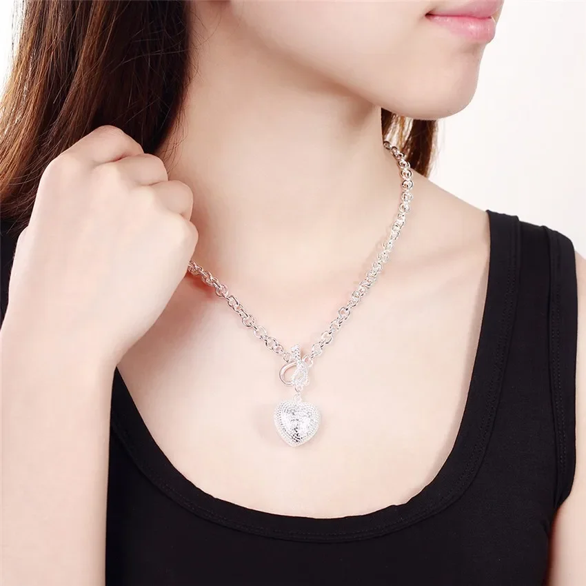 Hot sale 925 Sterling Silver Necklace Jewelry 18 inches Shiny Crystal Heart Key necklace for women Christmas gift