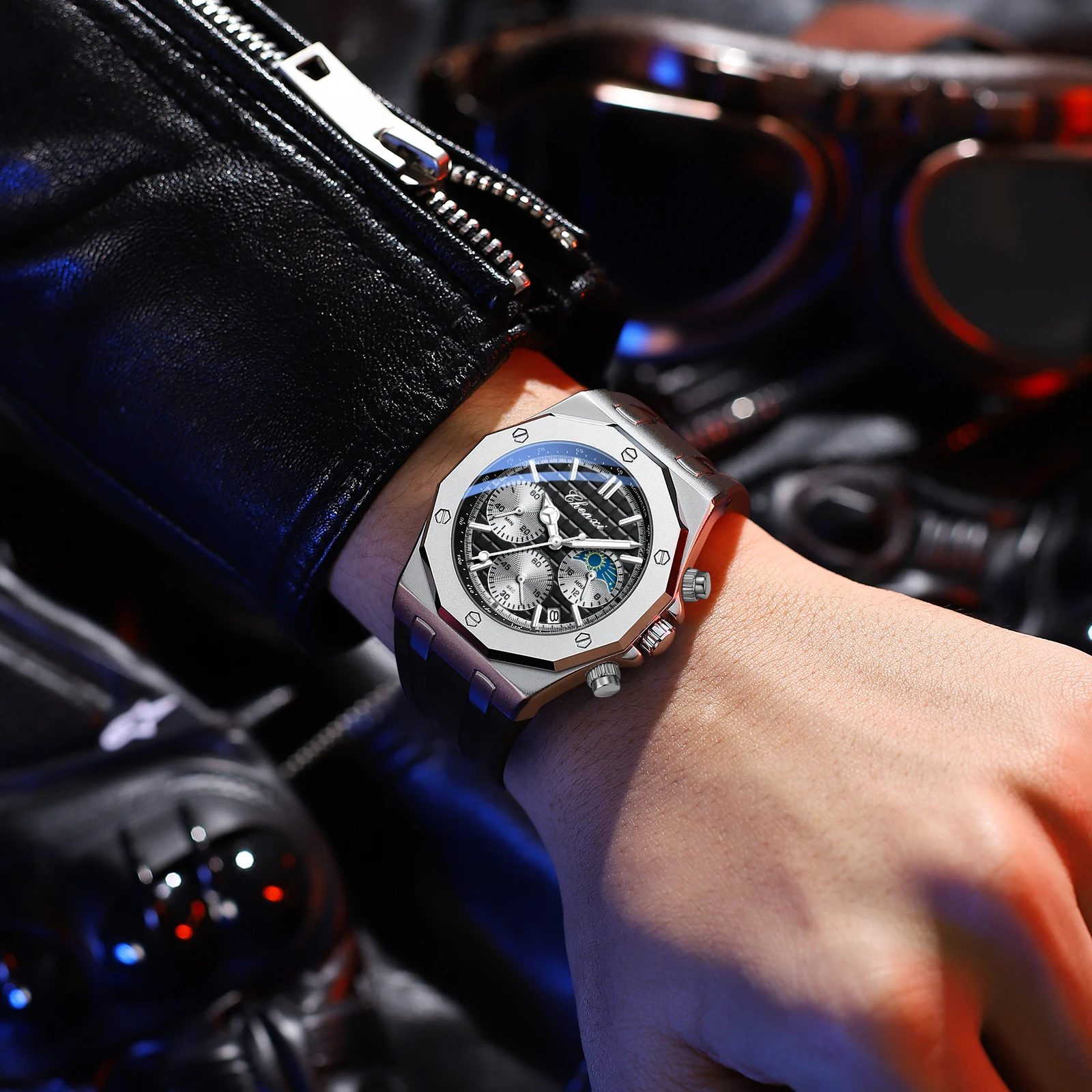 CHENXI 968 ساعة كوارتز رجالية عصرية متعددة الوظائف بحزام سيليكون وتقويم مقاوم للماء