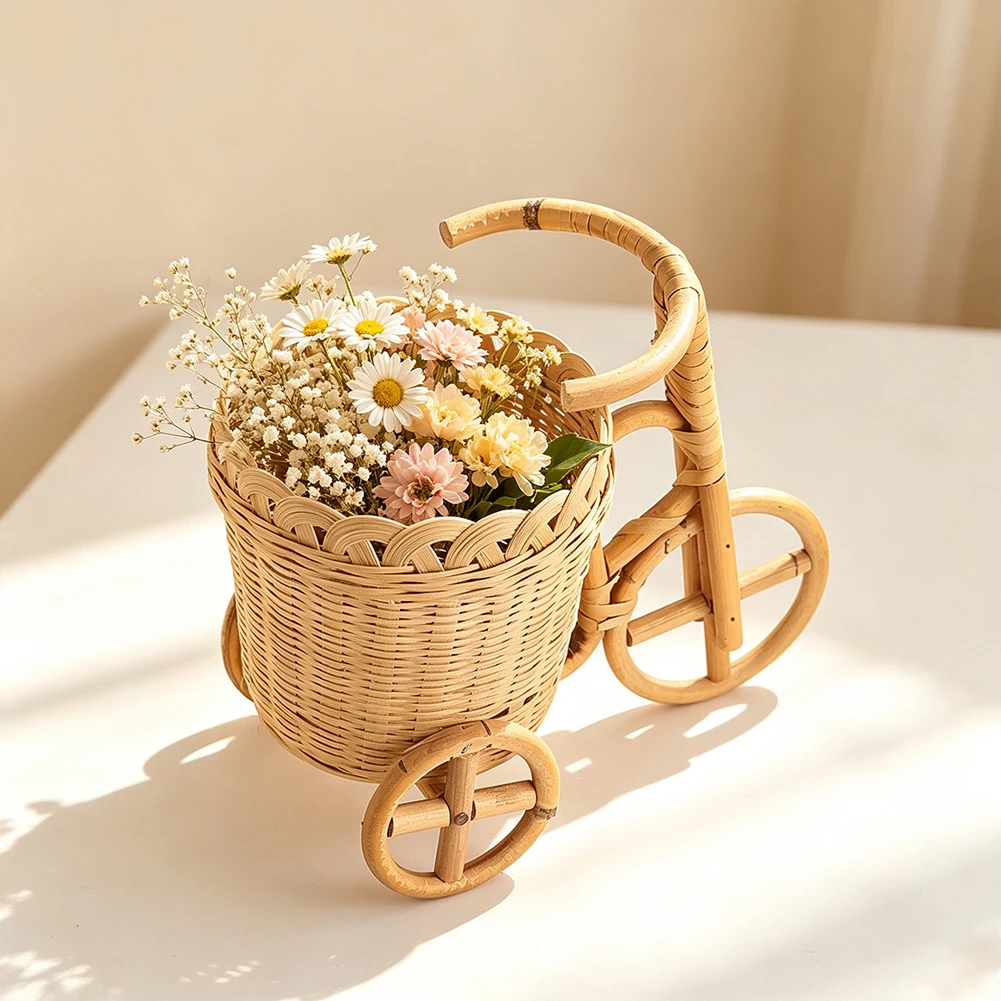 Handgewebter Rattan-Fahrrad-Aufbewahrungskorb, Mini-Dreirad-Organizer, Tischdekoration, Blumentopf, Geschenk für Zuhause – Detail 3