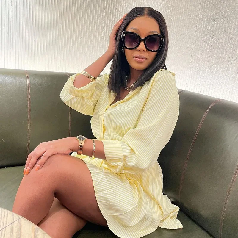 

Long Sleeve Turn-down Collar Shirts Above Knee Length Skirts 2025 Summer New Fashion Women's Striped Casual Trendy 2 Piece Sets